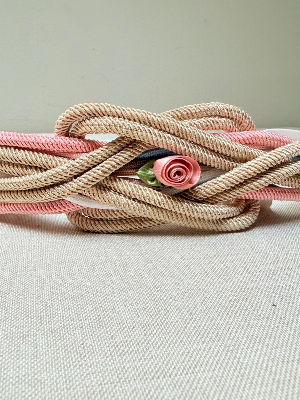 Vintage 1980s 1990s Braided Stretchy Belt With Rosebud Accent